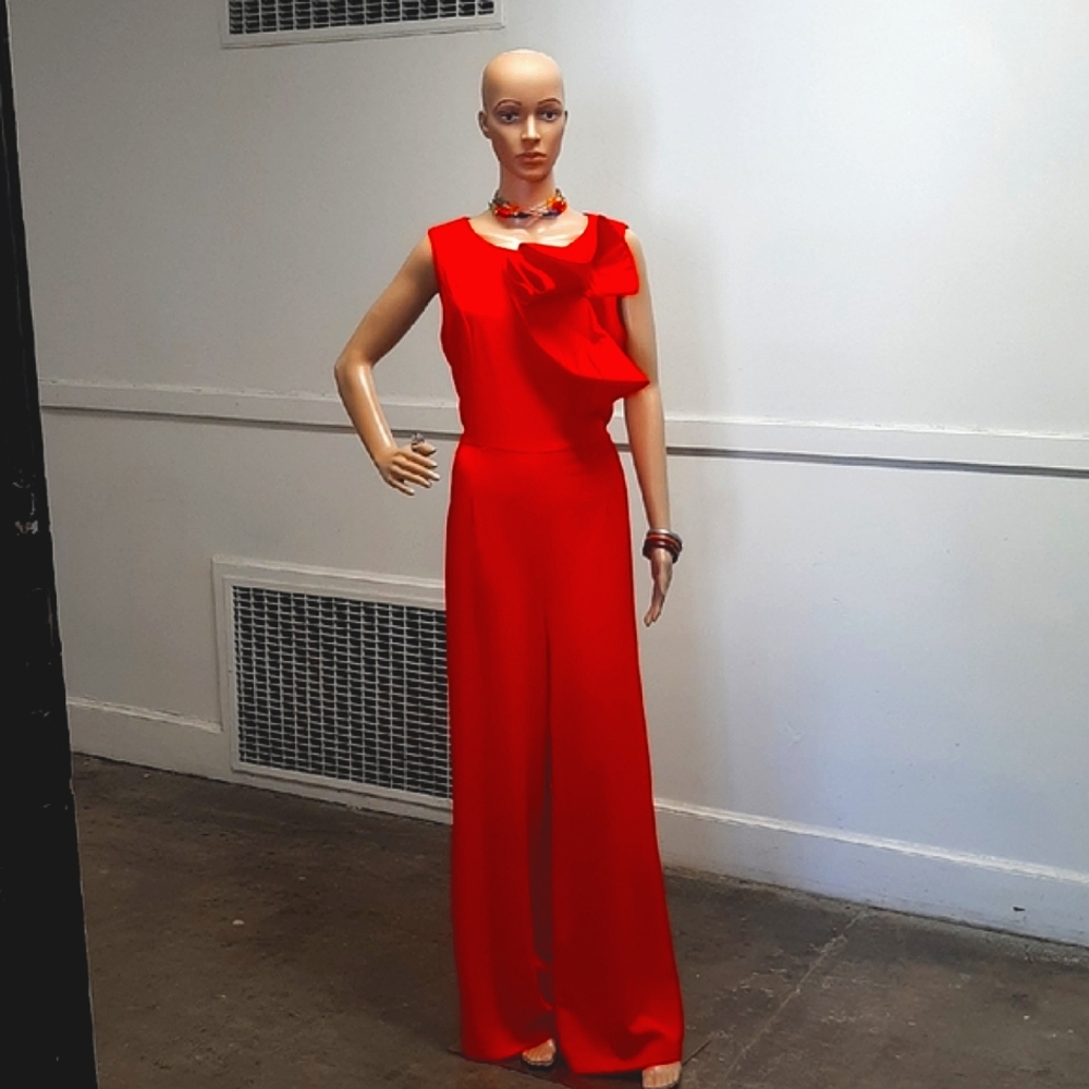Red Asymmetrical Ruffle Jumpsuit w/ Wide-Leg Pants, Matching Necklace & Earrings